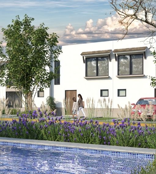 Fachada frente a amenidades del modelo Arya en Aronah Alba, León Gto