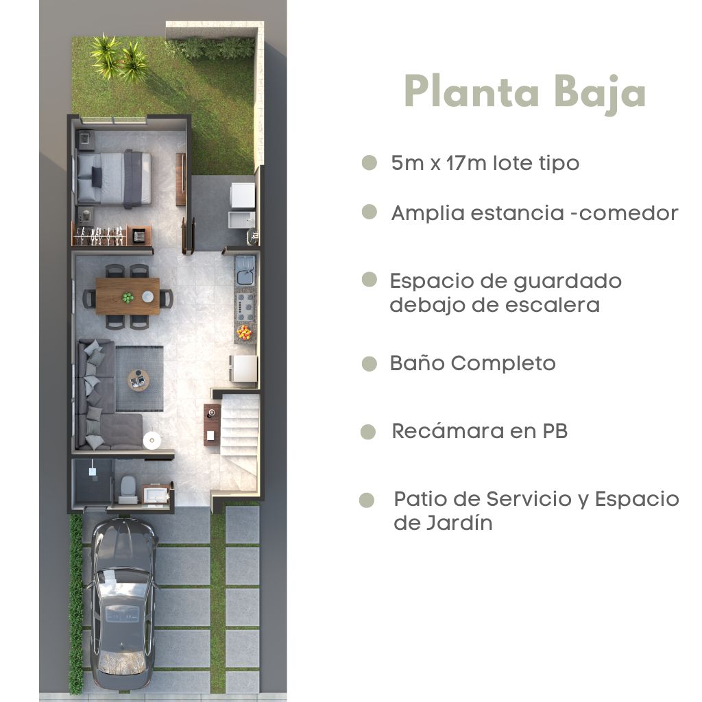 Plano planta baja del modelo Arya Plus en Aronah Alba