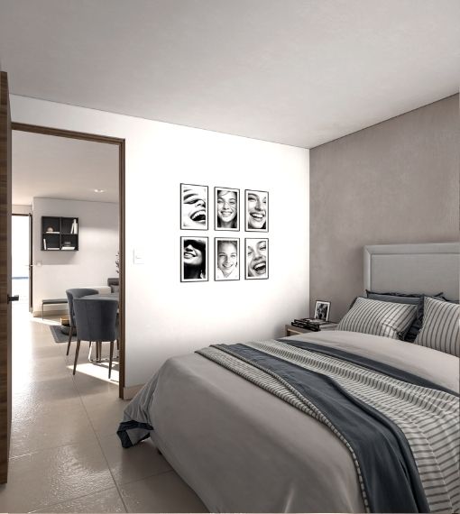 Recámara en planta baja del modelo Arya Plus en Aronah Alba, León Gto