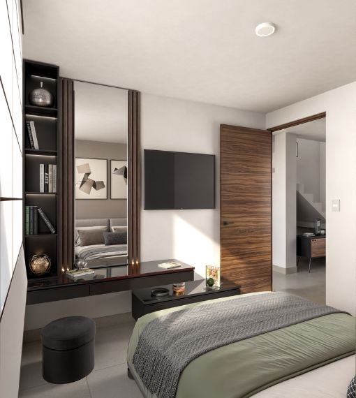 Recámara en planta baja o estudio del modelo Milo en Aronah Alba, León Gto