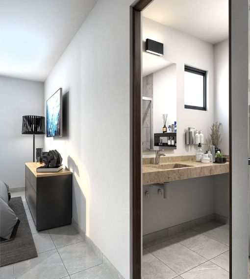 Recámara principal con baño del modelo Arya Plus en Aronah Alba, León Gto