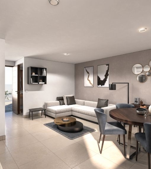 Sala y baño en planta baja del modelo Arya Plus en Aronah Alba, León Gto
